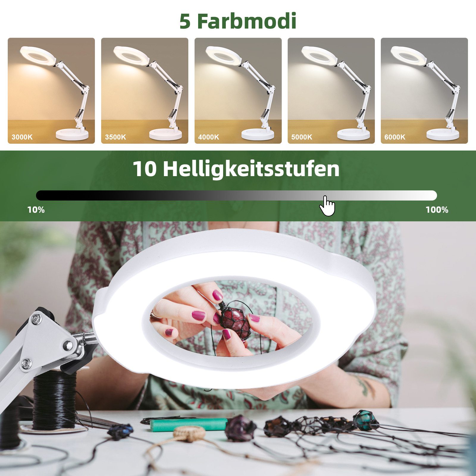VIVIHEYDAY Lupenlampe 10X Lupe mit Licht und Ständer 2-in-1 LED Lupenleuchte, mit Klemme, & Standfuß, Vergrößerungs-Schreibtischlampe mit 5 Farbmodi Dimmbare, für Arbeit, Lesen,Nähen,Basteln,Senioren