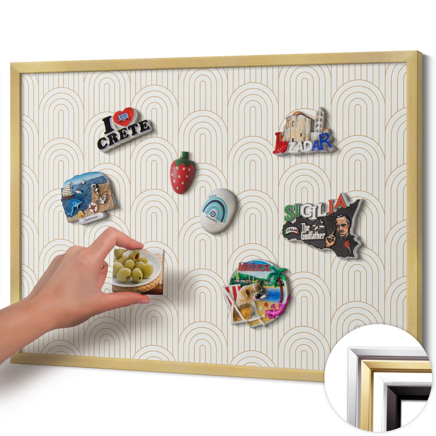 Tulup Magnettafel Cremig mit goldenem Rahmen, Magnetische Wandtafel für Reisesouvenirs, Lineare regelmäßige Bögen, Cremig