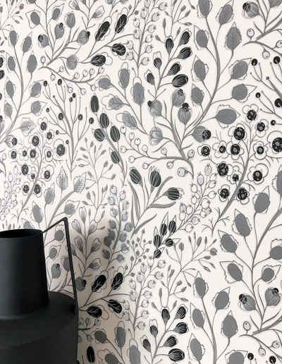 Newroom Vliestapete, Grau Tapete Floral Blätter - Blumentapete Blätter Weiß Schwarz Romantisch 3D Optik Blumen Äste für Schlafzimmer Wohnzimmer Küche