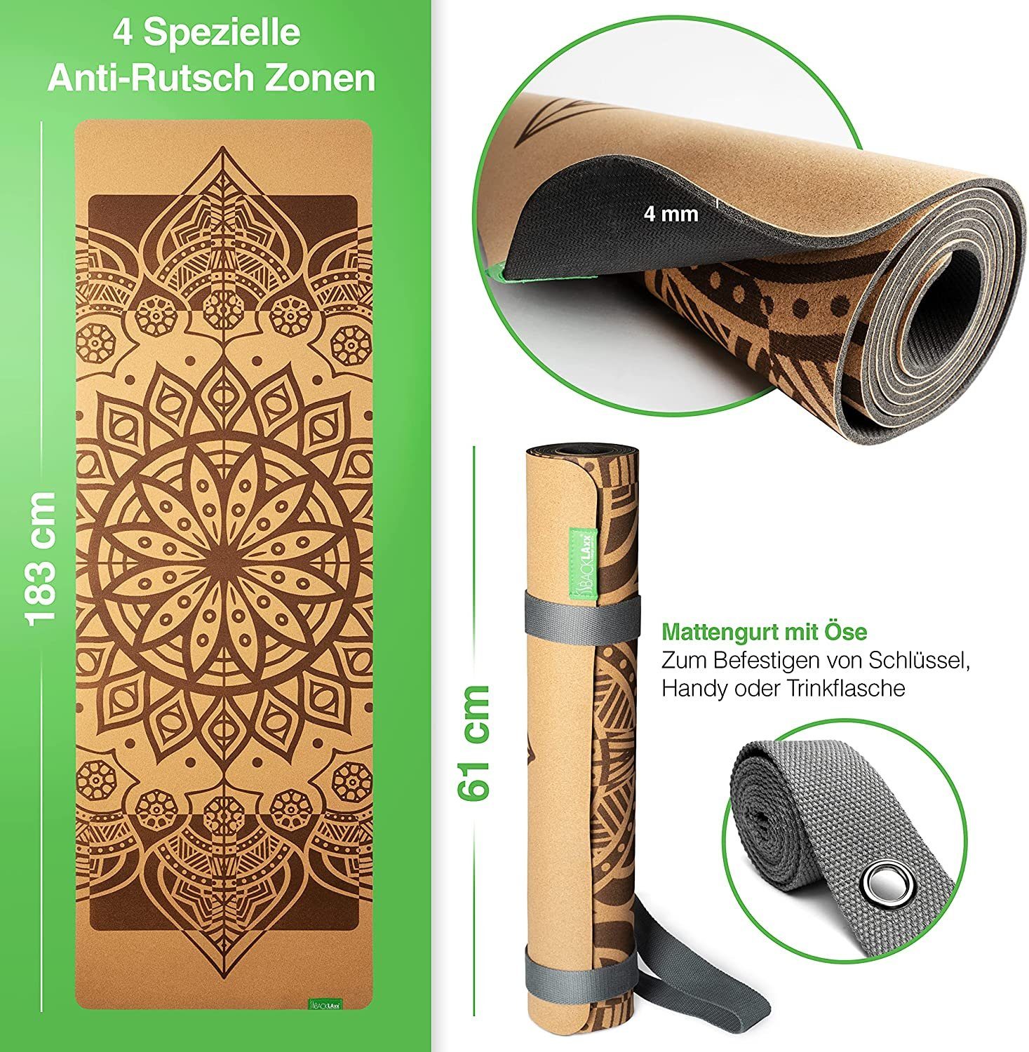 BACKLAxx® Yogamatte aus hochwertigem Kork, Gymnastikmatte 183 x 61 x 0,6 cm (Fitnessmatte aus Kork, inkl. Tragegurt & Videokurs), 4 mm stark, aus natürlichen Rohstoffen, mit Antirutschzonen