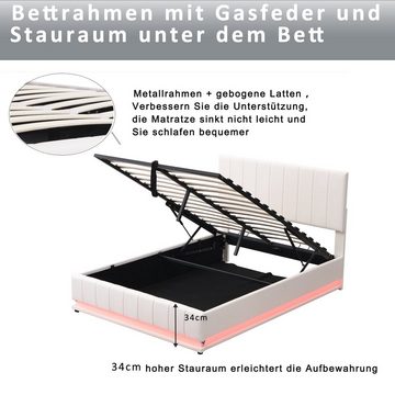 REDOM Polsterbett Doppelbett (140 x 200 cm mit LED, Metalllattenrost & Bettkasten), Einfach zu montierender Bettrahmen