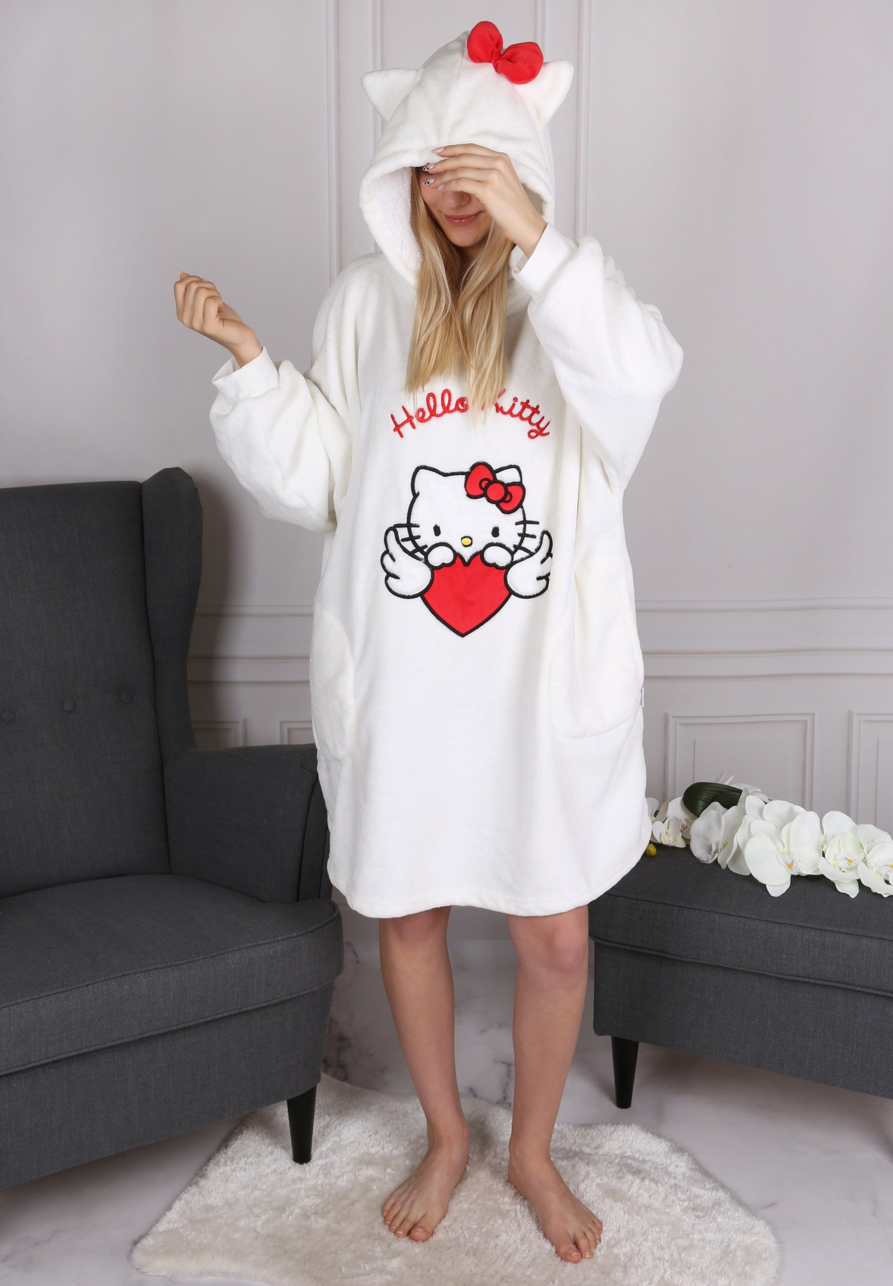 Hello Kitty Damenbademantel Hello Kitty Weiß, Damen Kapuzen Sweatshirt/Mantel/Decke, Snuddie, XS-S