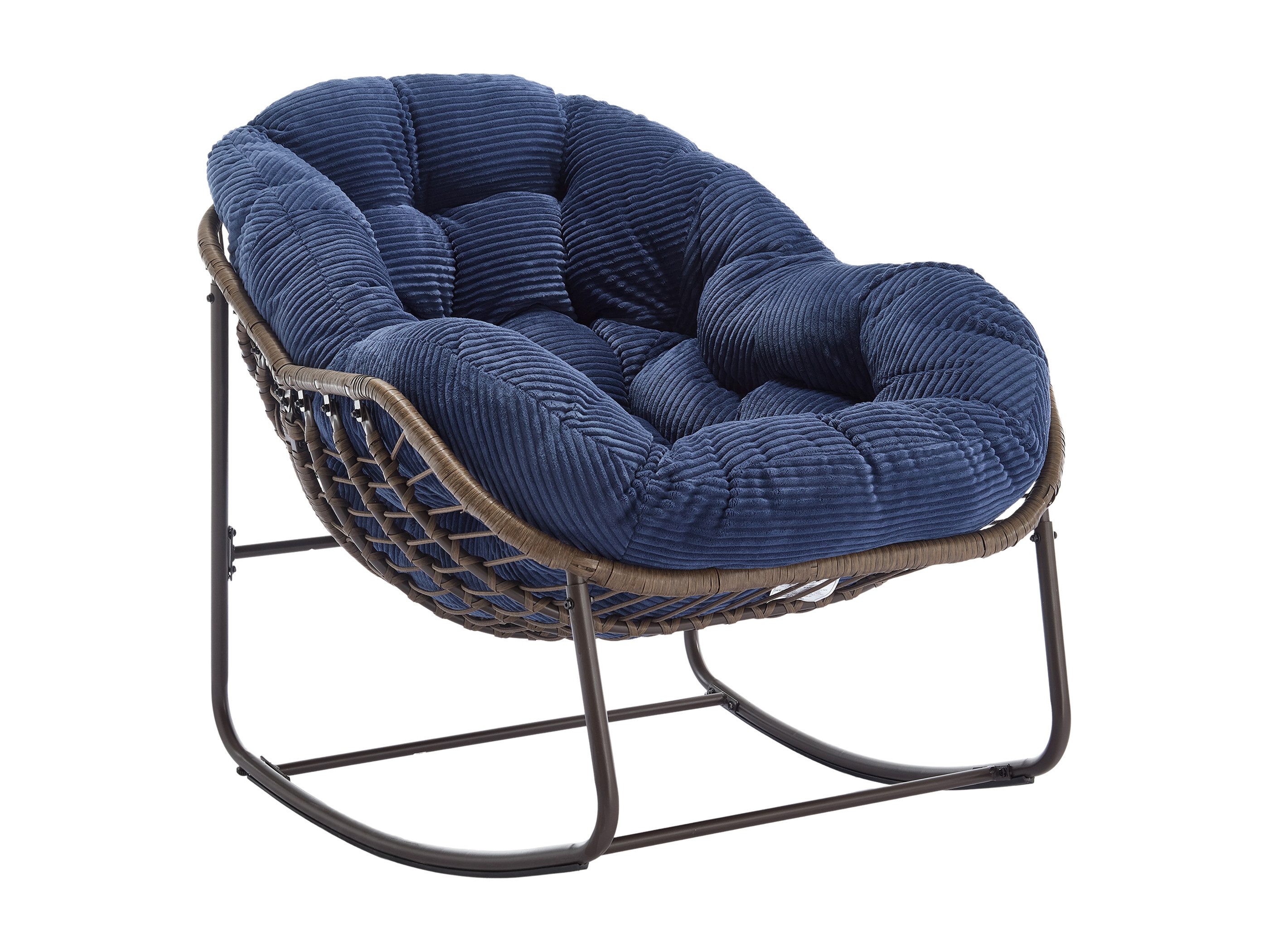 SeedWave Schaukelstuhl Übergrößen mit Handgewebtem Rattan, 15cm Kordstoff Gepolstertem Kissen, Eiförmiger Schaukelsessel mit rutschfester Basis, Stahlgestell