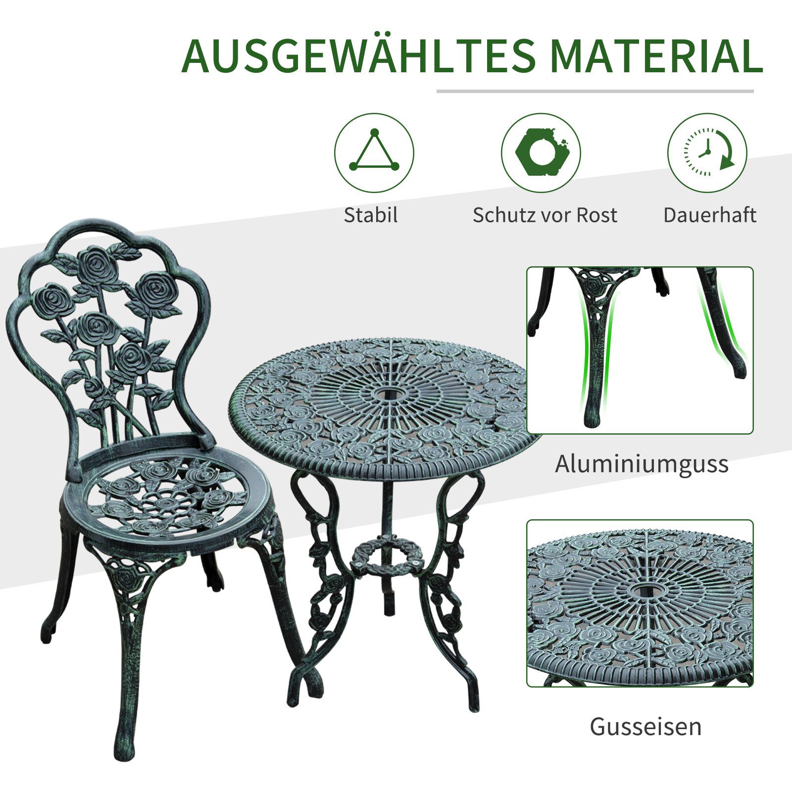 CHICFURN Balkonset Bistroset für Garten und Terrasse, (Set, 3-tlg., Gartenmöbel aus Gussaluminium mit klassischem Design), 3-teilig, Antik Grün