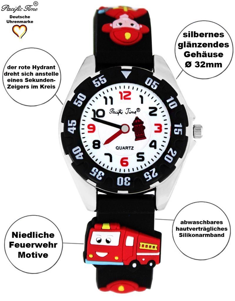 Gratis Silikonarmband, Quarzuhr Pacific Kinder Feuerwehr schwarz Versand Time Armbanduhr