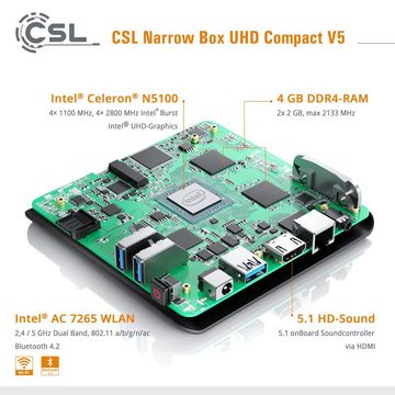 CSL Narrow Box Ultra HD Compact v5 Mini-PC (Intel® Celeron N5100, Intel® UHD Graphics, 4 GB RAM, 128 GB SSD, passiver CPU-Kühler)
