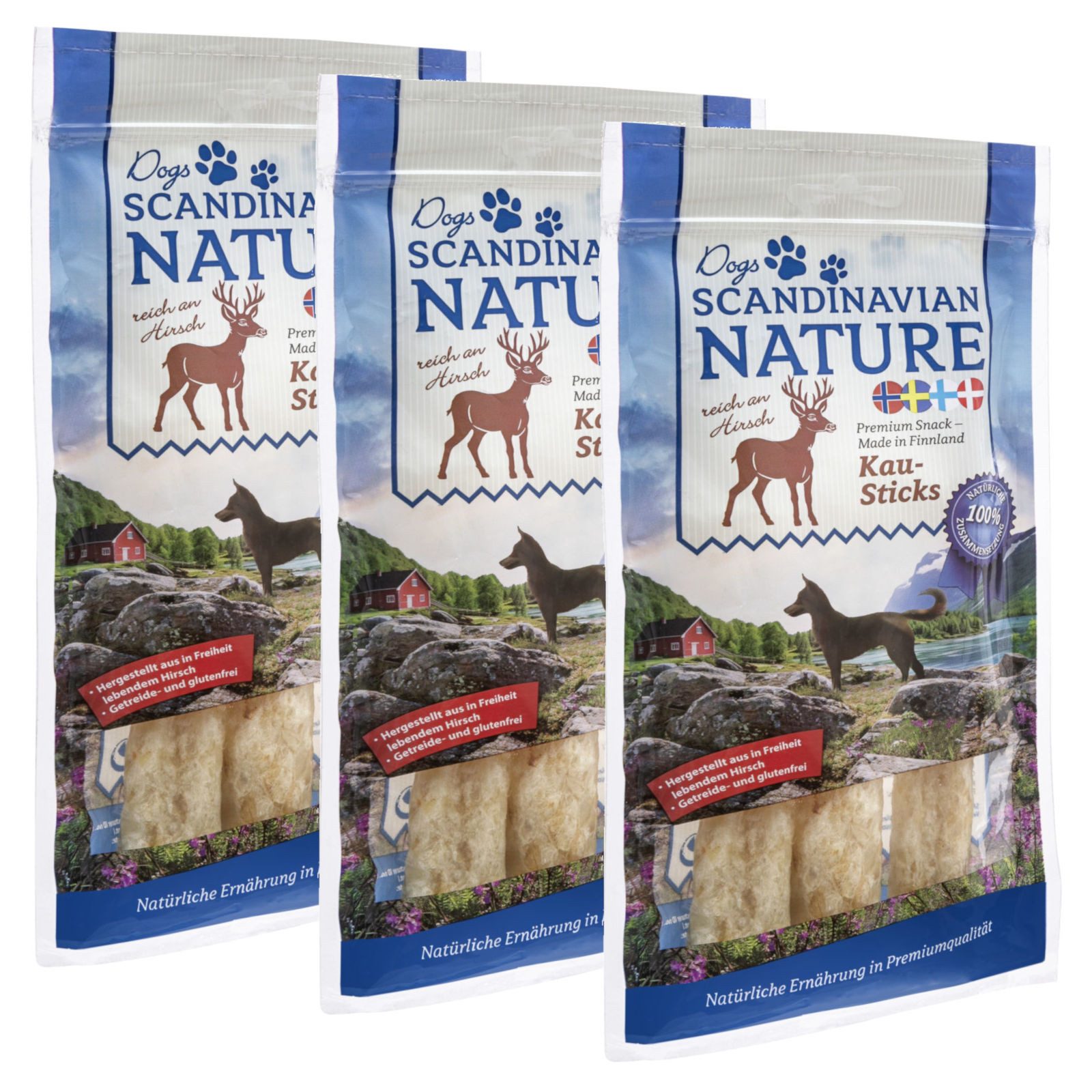 Scandinavian Nature Dogs mit Hirsch, 3x 45g, Kausticks für Hunde, 135g