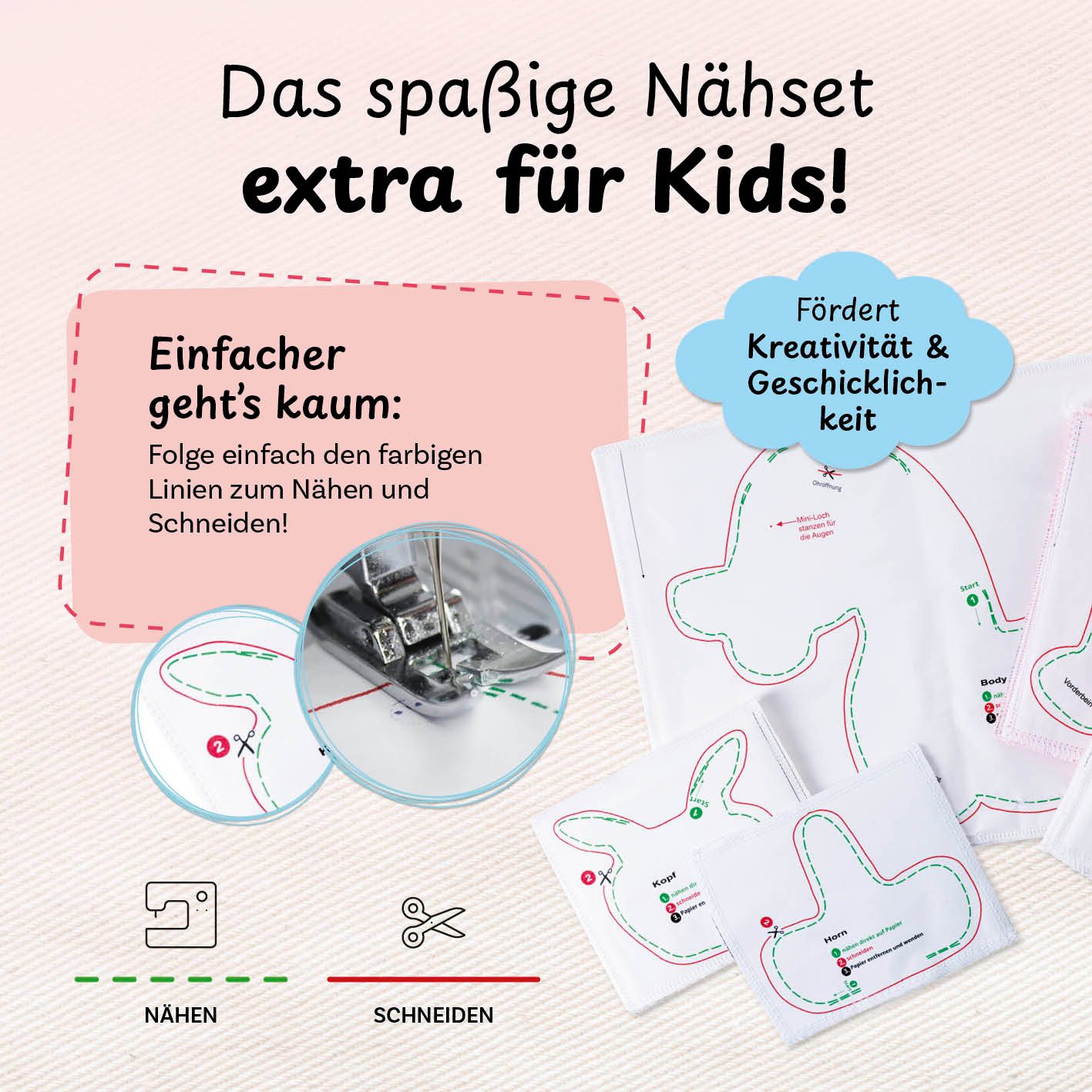 cuci cuci Kreativset Näh-Baukasten für Kinder - erste Näherfolge garantiert, (Einhorn Elly), Komplettset mit allem, was du zum Nähen brauchst