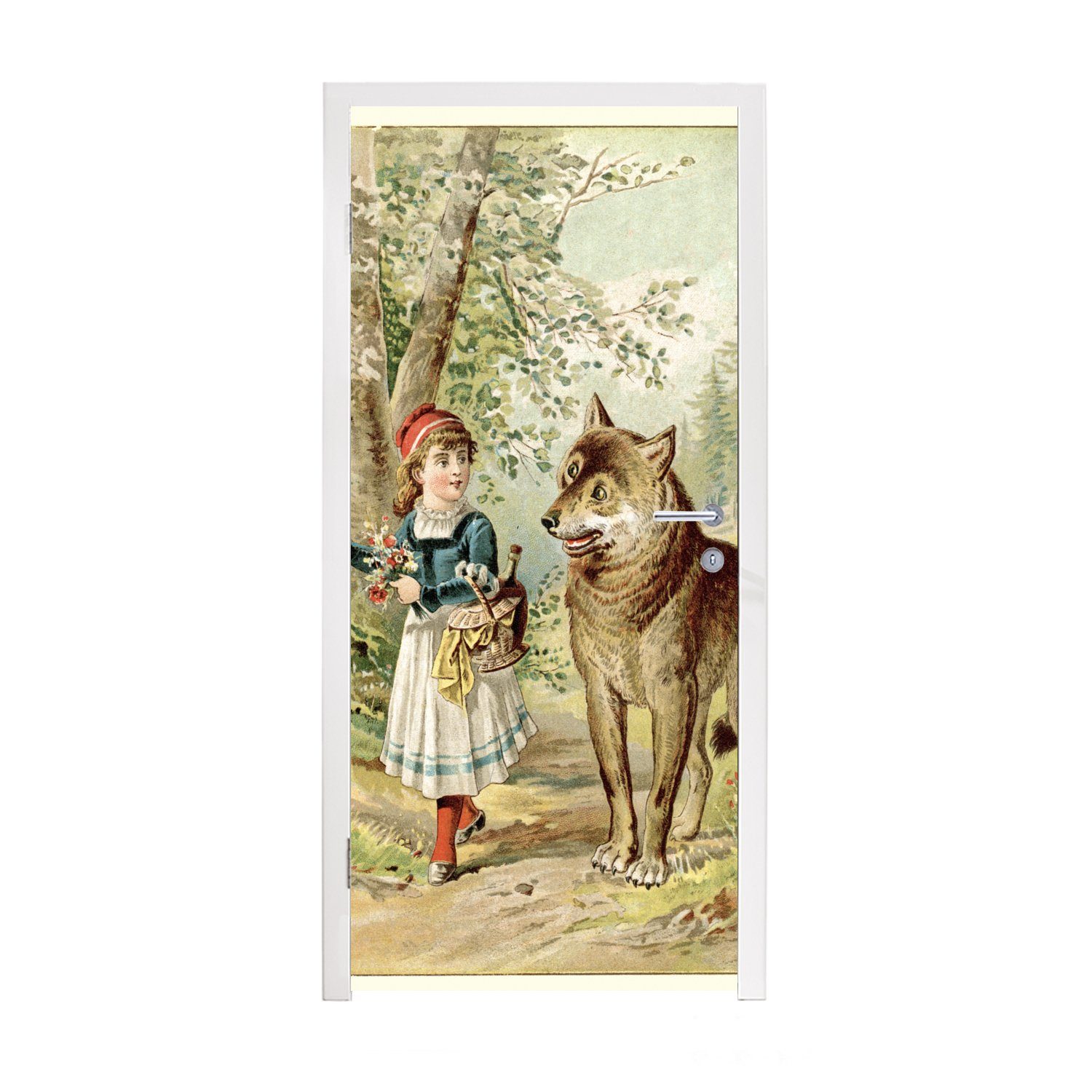 MuchoWow Türtapete Wolf - Rotkäppchen - Wald, Matt, bedruckt, (1 St), Fototapete für Tür, Türaufkleber, 75x205 cm