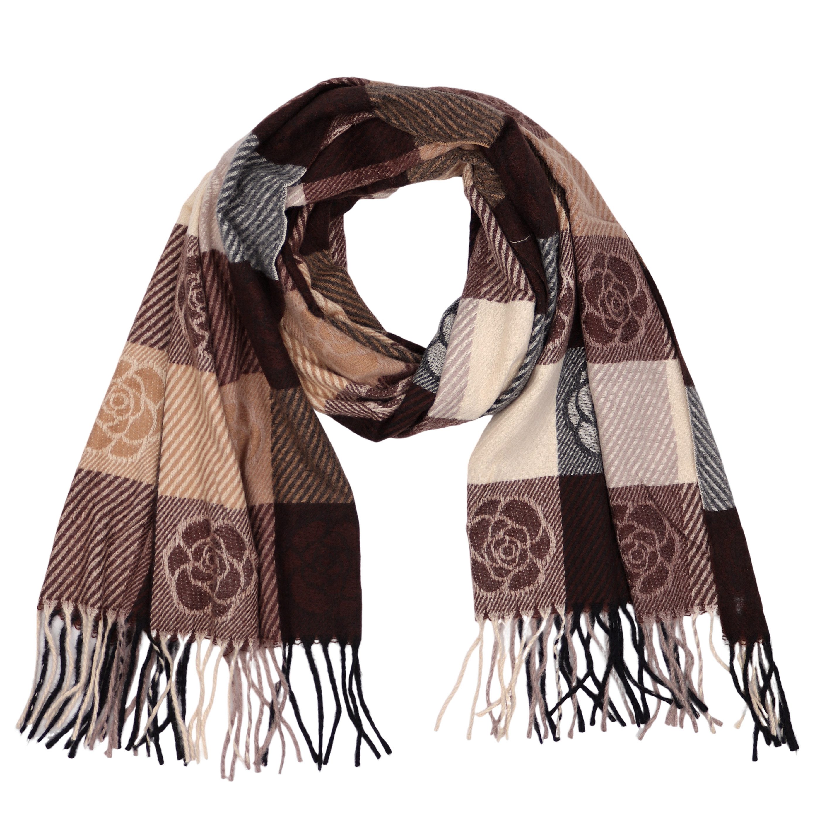 Modeschal weicher und warmer Schal Blumen mit Fransen, 70x180cm