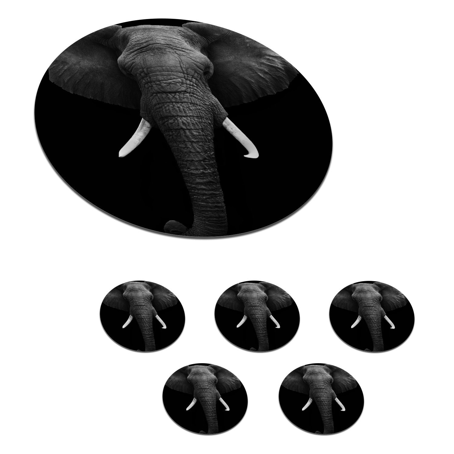 MuchoWow Glasuntersetzer Elefant - Wildtiere - Schwarz - Weiß - Porträt, Zubehör für Gläser, 6-tlg., Getränkeuntersetzer, Tassenuntersetzer, Korkuntersetzer, Tasse, Becher