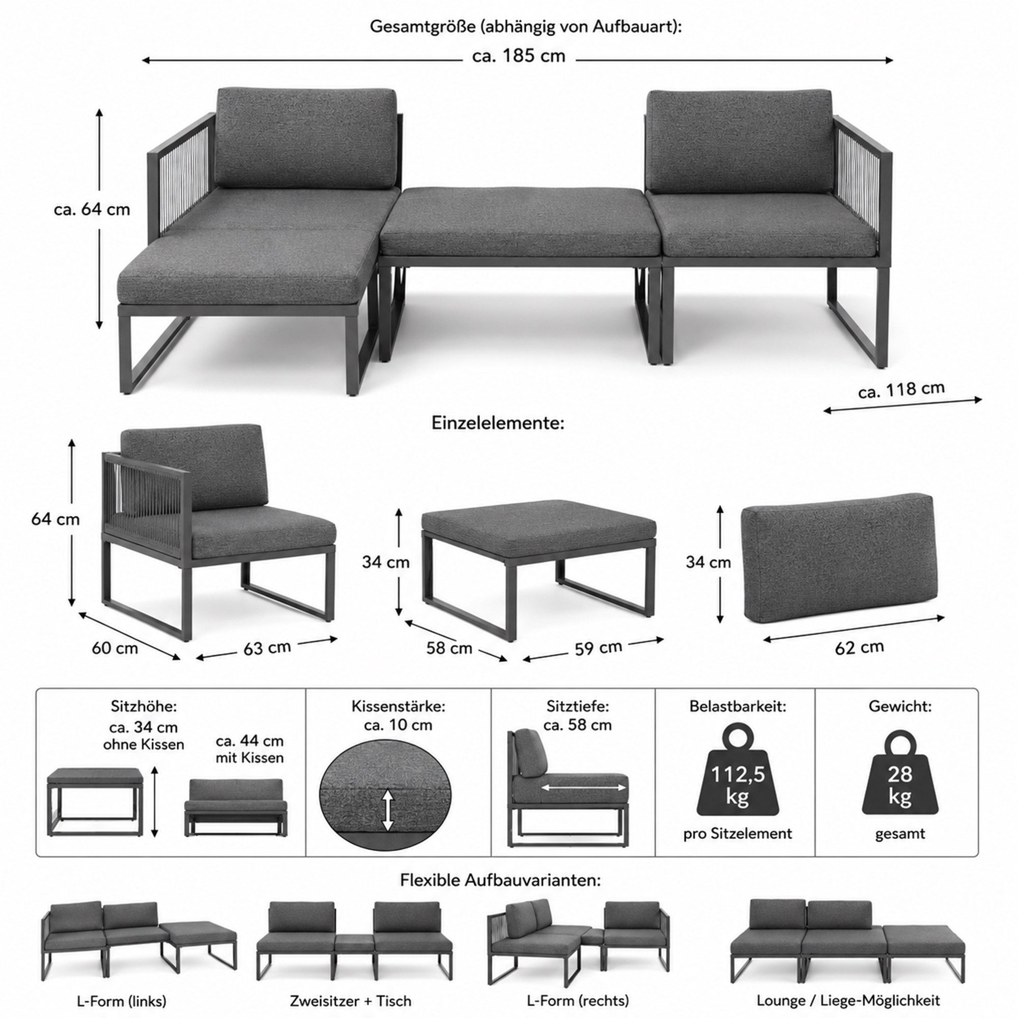 Mucola Gartenlounge-Set Aluminium Lounge-Set 4-teilig – wetterfeste Sitzgruppe mit Hocker, (Lounge-Set, 4-tlg., Lounge-Set, bestehend aus 2 Sitzelementen, Hocker und Modul), modular kombinierbar, wetterfestes Aluminiumgestell, Hocker