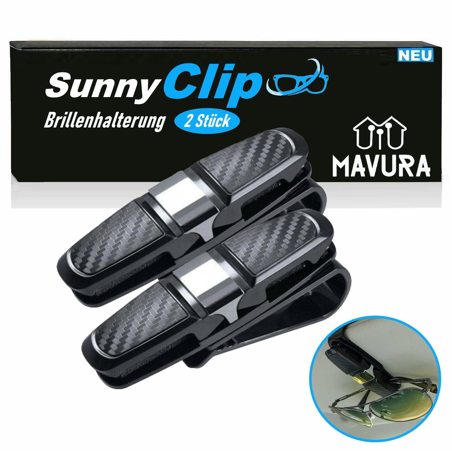 MAVURA Brillenetui SunnyClip Brillenhalter Auto Sonnenbrillen Brillenhalterung, Brillen Halter Kreditkarten Clip [2er Set]