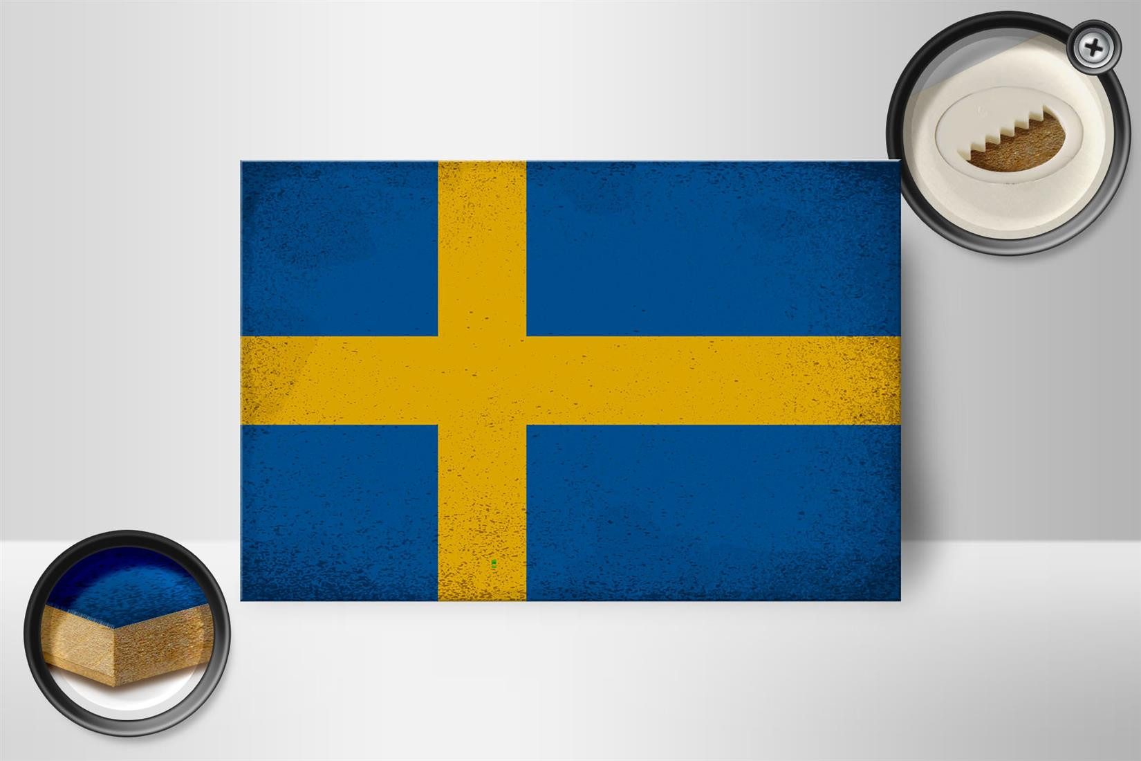 Femer GmbH Holzbild Flagge Schweden 18x12 cm Flag of Sweden Vintage, Flaggen (1 St), Glatte Holzfaserplatte (MDF), vorn beschichtet