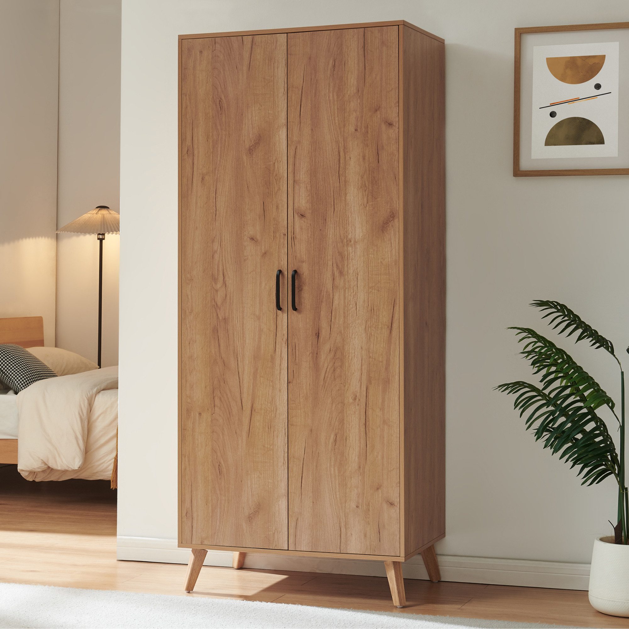 en.casa Kleiderschrank »Norg« 191 x 80 x 52 cm 2 Türen 1 Stange 4 Fächer Eicheoptik