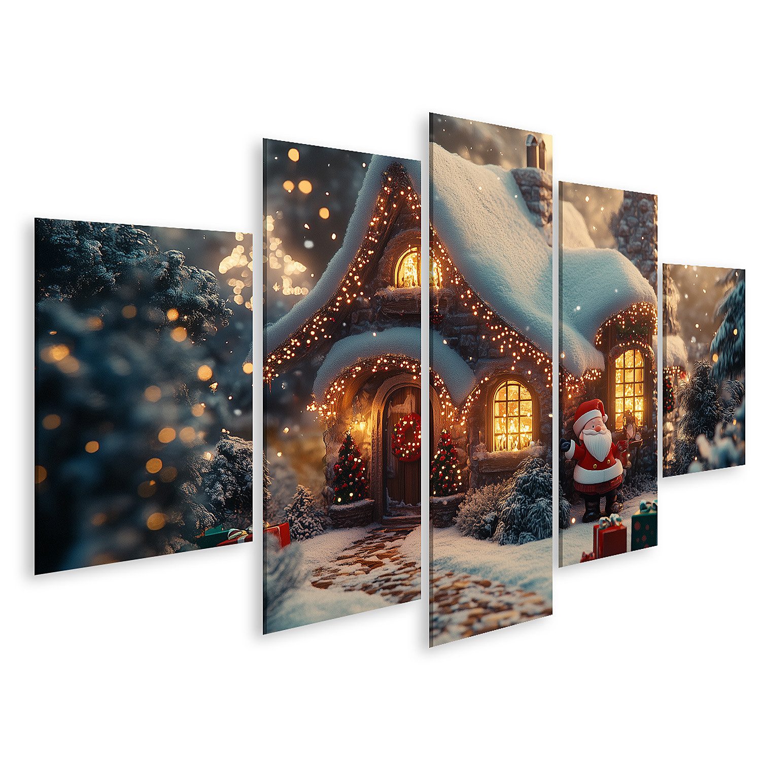 islandburner Leinwandbild Weihnachtshaus im verschneiten Wald mit Santa Claus