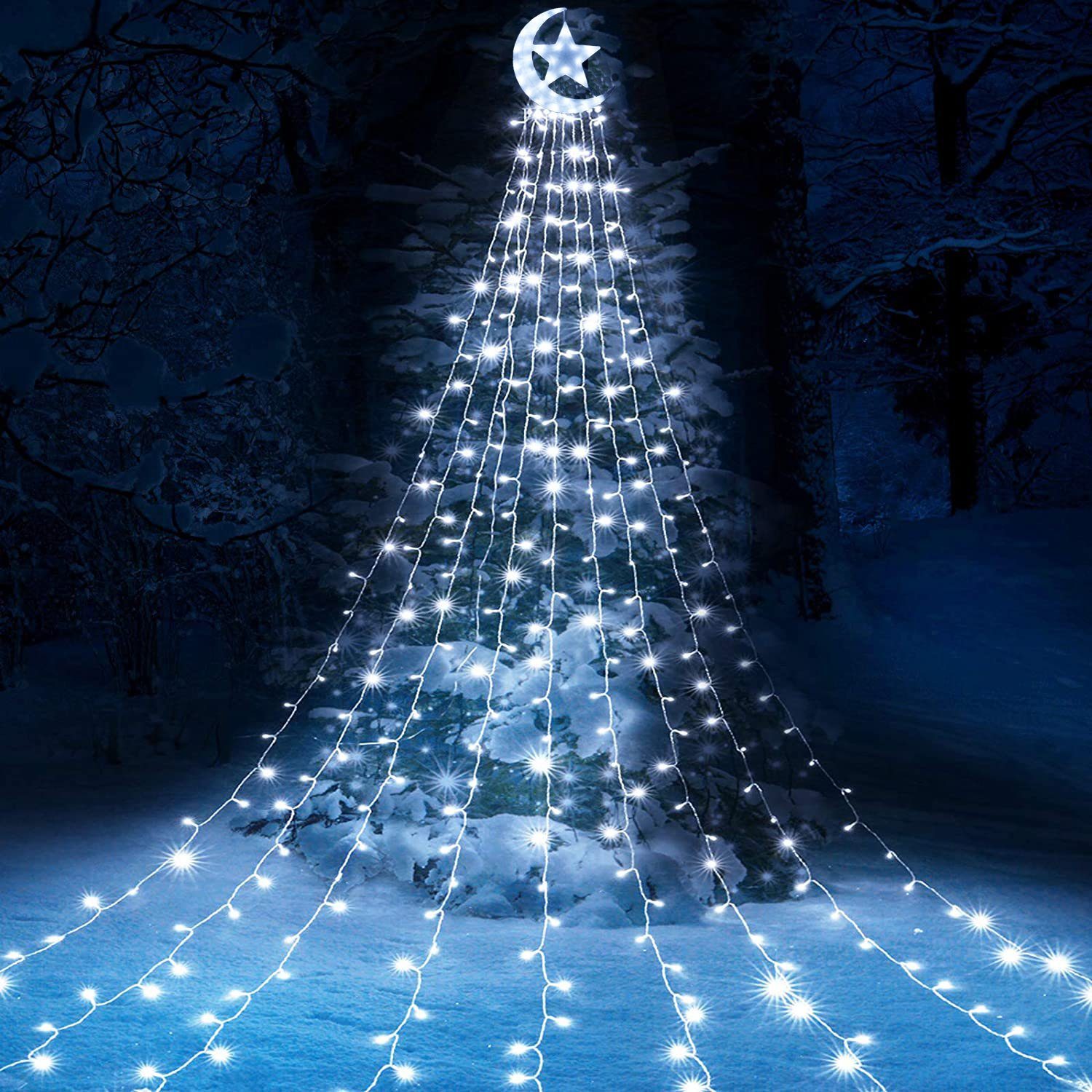 Sunicol LED-Baummantel 3.4M 350 LED Wasserfall Weihnachtsbaum Beleuchtung,Außen Party Garten, 8 Modi, 31V Energiesparen, wasserdicht Weiß -mit Stern und Mond