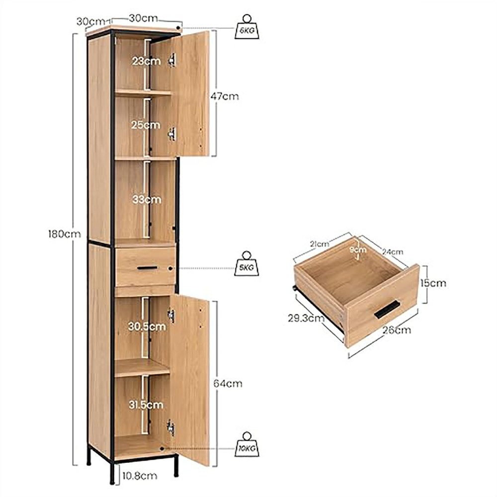 EUGAD Hochschrank (1-St) mit 5 Fächern 1 Schublade, natur, 30x180x30 cm