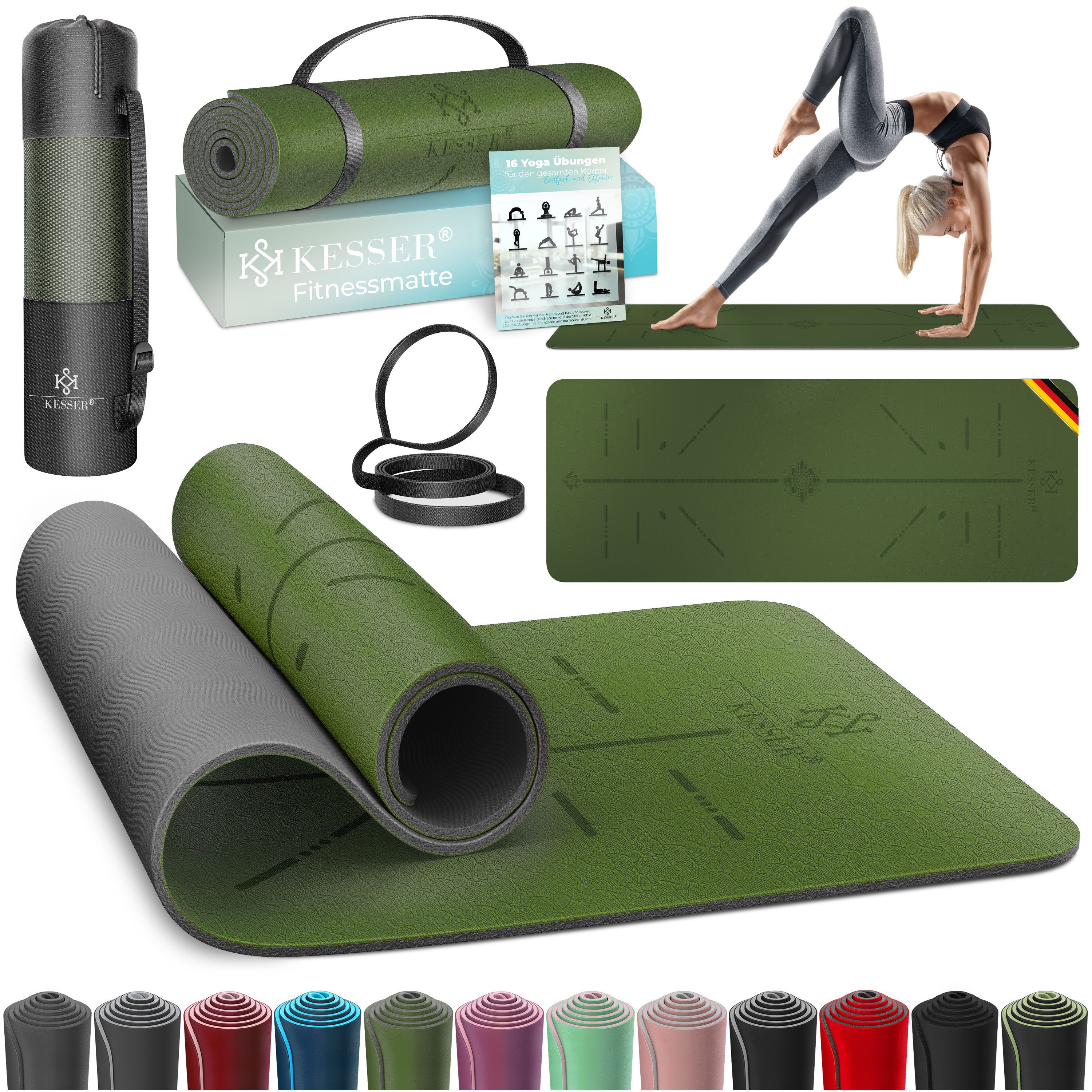 KESSER Yogamatte, Gymnastikmatte + Tragegurt rutschfest TPE Yogamatte gepolstert