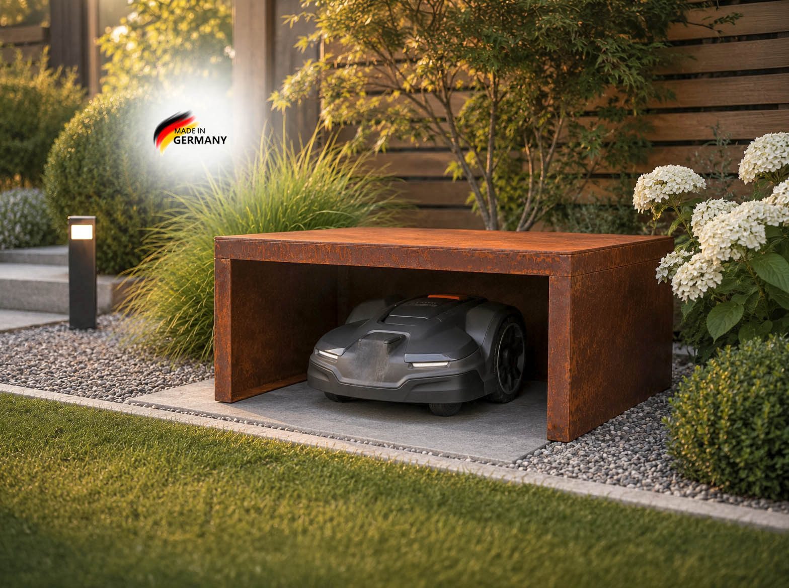 BADEKO Mähroboter-Garage aus Edelrost für den Garten 80x70x40 cm in hochwertiger Ausführung