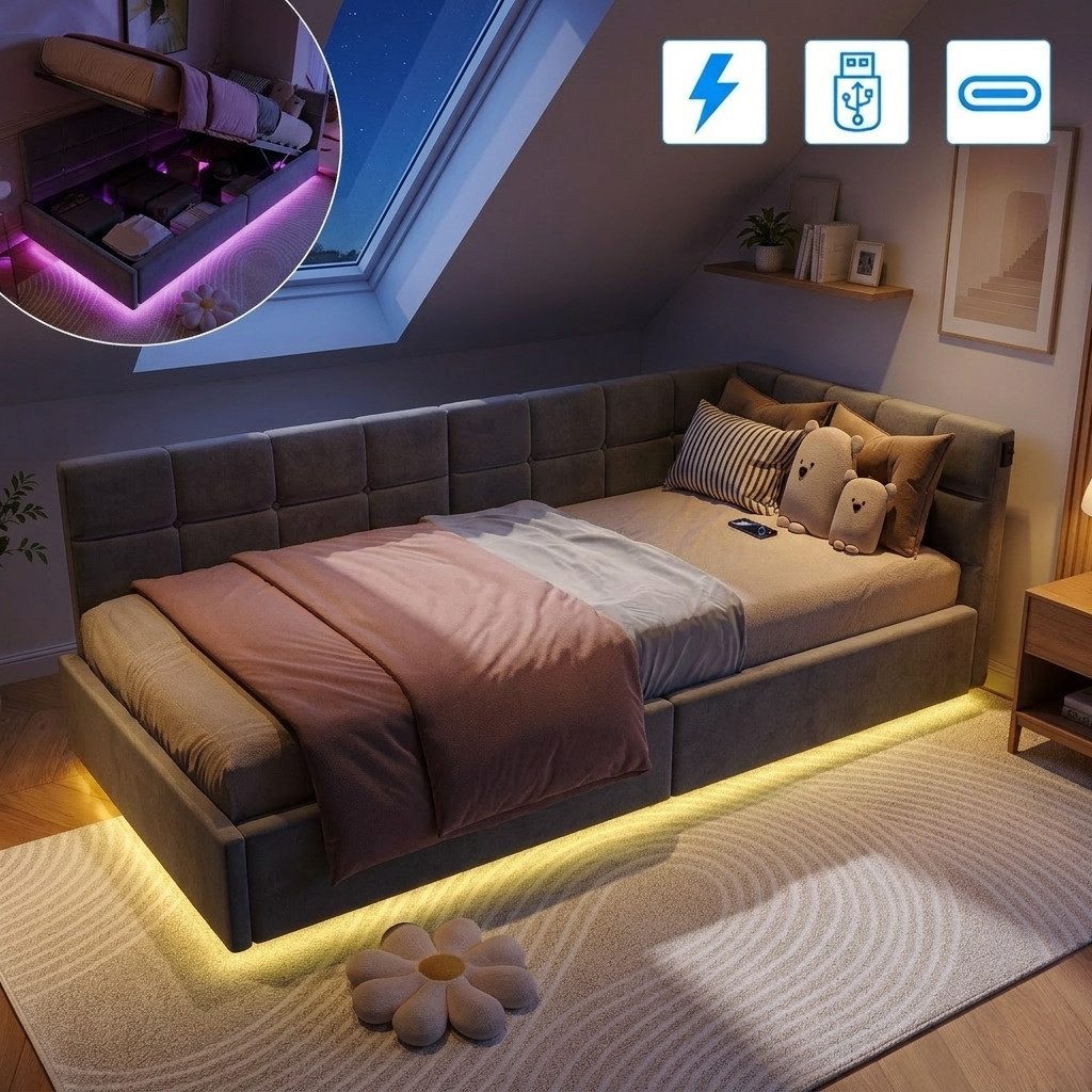 PXloue Polsterbett Daybett Tagesbett (Inklusive USB-Typ-C-Ladeanschluss), LED-Beleuchtung Einzelbett 90x200cm mit Ladefunktion