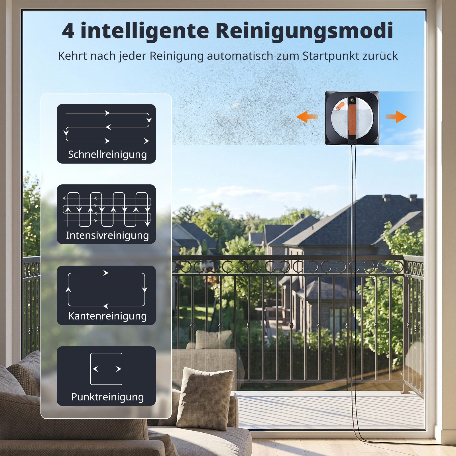 Airmsen Fensterputzroboter Fensterreiniger Elektrisch mit 180 ml Wassertank, 6-Punkt-Sprühsystem, Anti-Rutsch-Räder,Sprachsteuerung, automatische Fensterreinigung