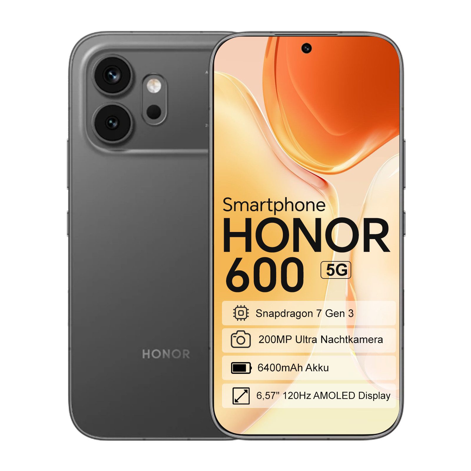 Honor Honor 600 Smartphone 8GB RAM 256GB/512GB Speicher Smartphone (6.57 Zoll, 512 GB Speicherplatz, 6,57 Zoll (16,69 cm) AMOLED Display, 120Hz,6400 mAh Akku, 200MP Kamera) schwarz