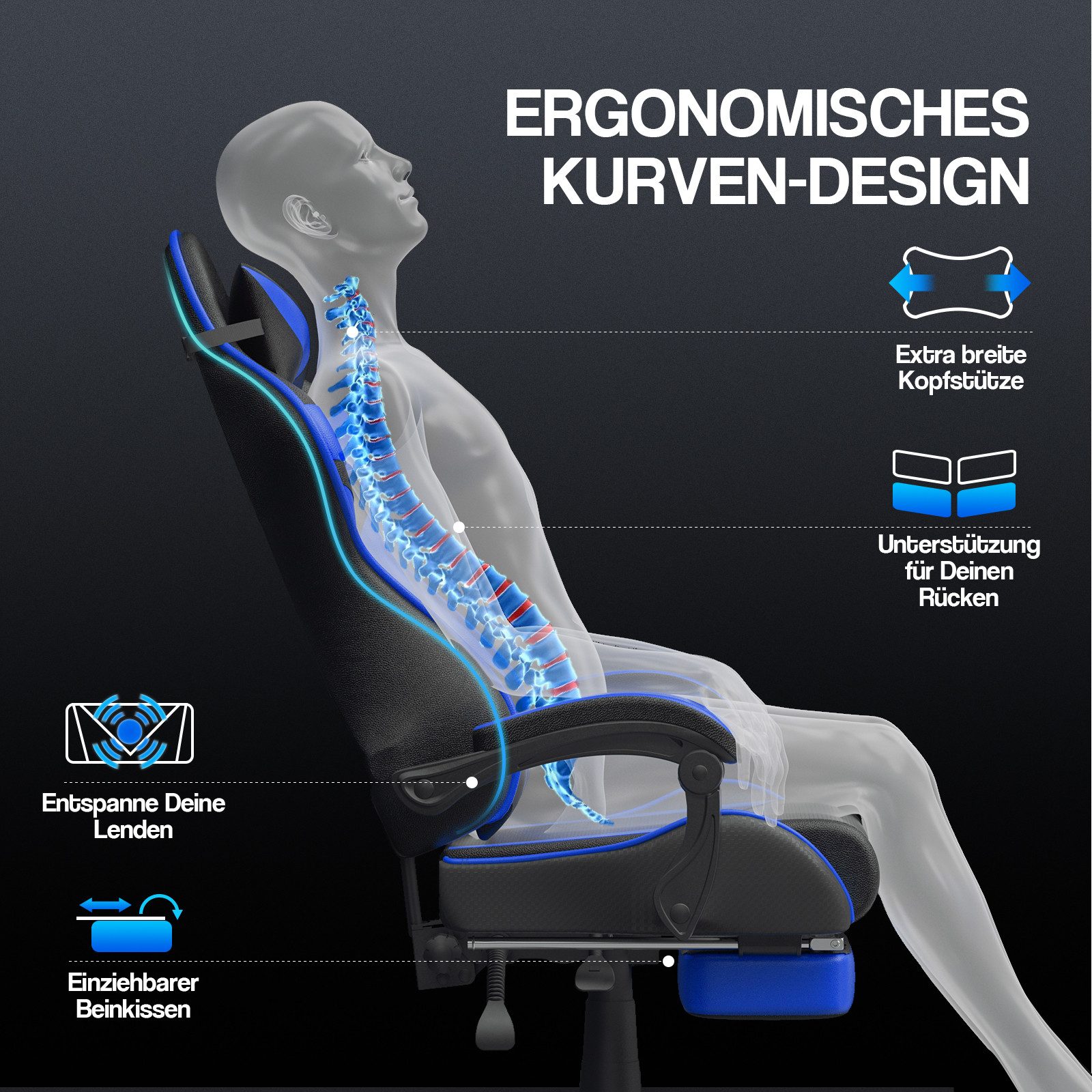 Ferghana Gaming-Stuhl Gaming Sessel mit Fußstütze,Kopfstütze,MassageLendenkissen (Packung), Ergonomisch Gaming Stuhl für Gamer YouTube Livestreaming Xbox