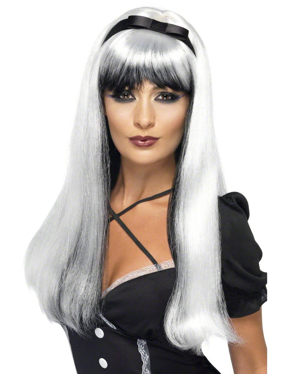 Kostüm Hexe Gothic Perücke lang silber-schwarz