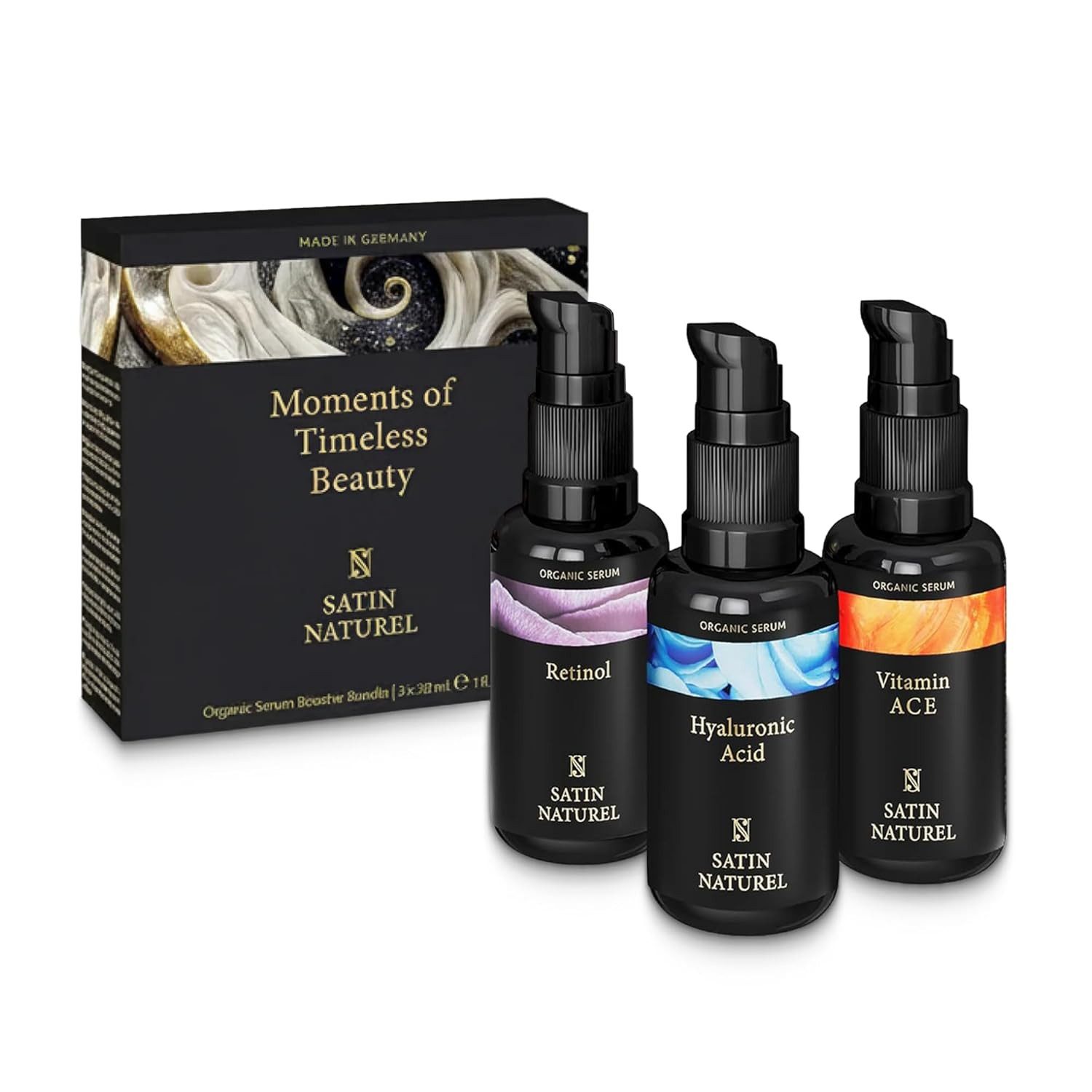 Satin Naturel Feuchtigkeitspflege-Set Geschenkset – Luxus Skincare Routine für strahlend schöne Haut mit Aloe Vera Gel, Arganöl, Vitamin C Serum, Hyaluron Serum & Retinol, 3-tlg., Natürlich. Vegan. Hochwertig.