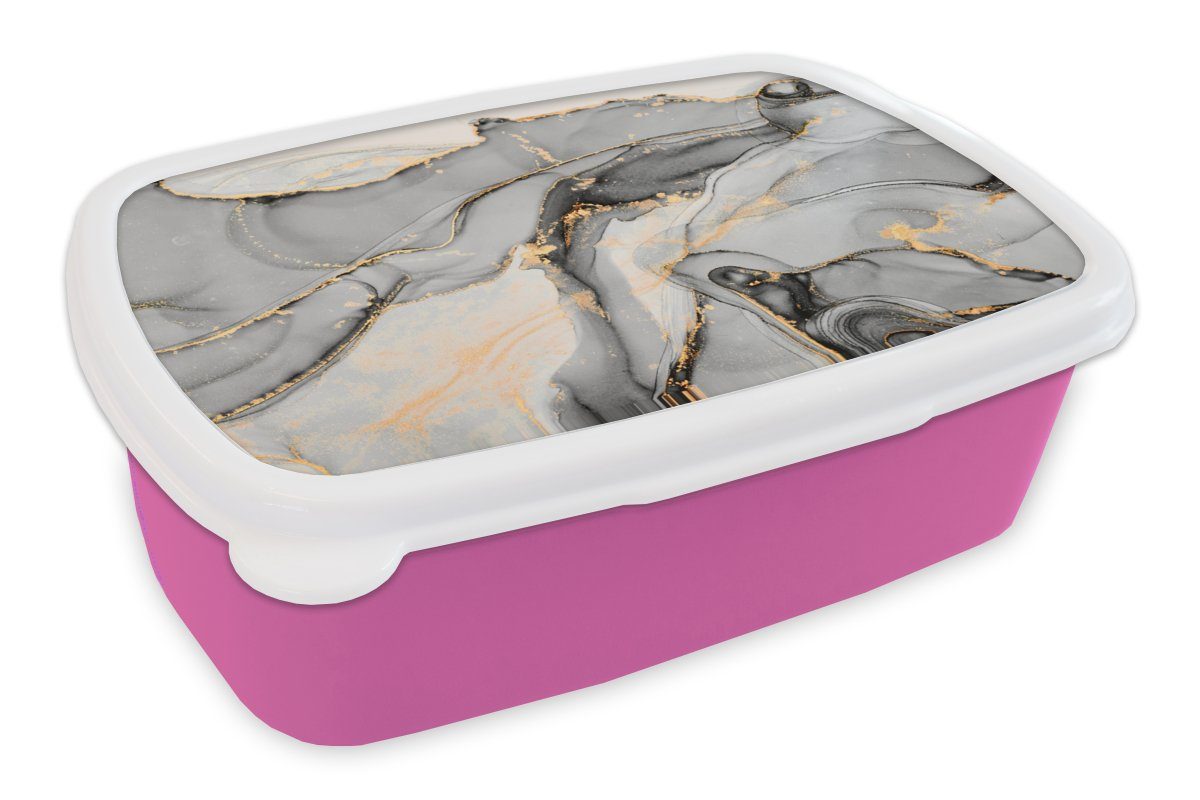 MuchoWow Lunchbox Marmor - Gold - Grau, Kunststoff, (2-tlg), Brotbox für Erwachsene, Brotdose Kinder, Snackbox, Mädchen, Kunststoff rosa