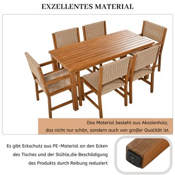 Flieks Garten-Essgruppe, 6-Sitzer Esstisch-Set Gartenmöbel aus HDPE-Rattan und Akazienholz