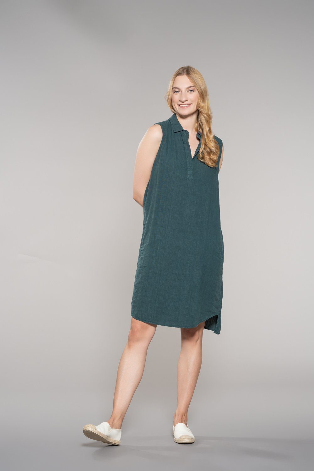 Feuervogl A-Linien-Kleid fv-Ki:ki, Shirt Dress, A-Shape, Sleeveless, Pure Linen Emerald Green