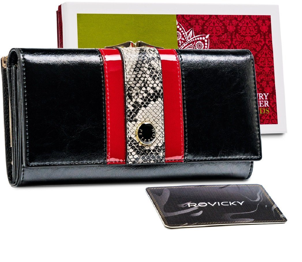 PETERSONⓇ Geldbörse Klassische Echtleder Damenbrieftasche, zahlreiche Fächer, RFID Schutz, Brieftasche, die Ihre Erwartungen erfüllt Schwarz-Rot Schlangenhaut