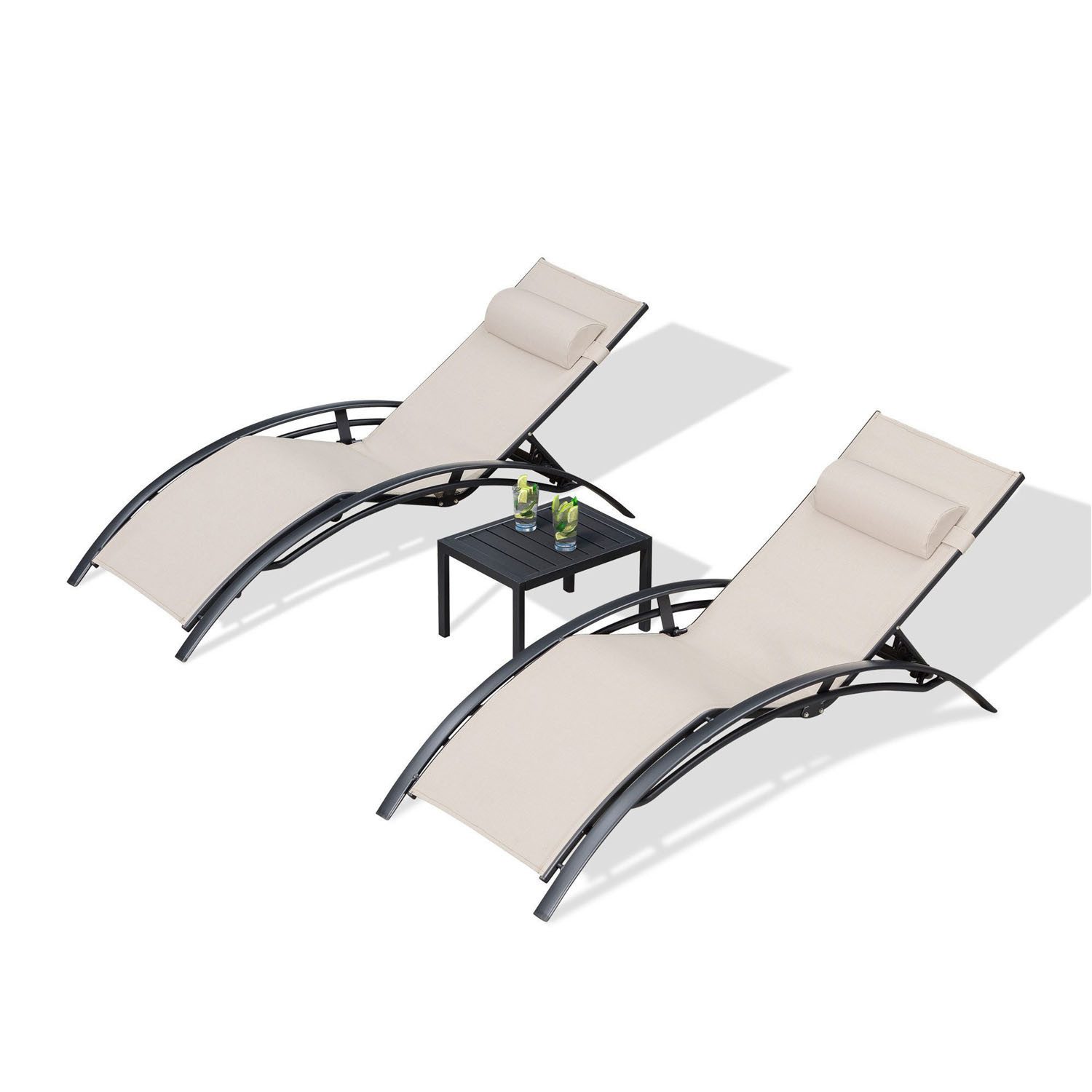 PURPLE LEAF Gartenliege 2er Set Sonnenliegen mit Beistelltisch und Auflagen, Aluminium, Wetterfest,4-Fach Verstellbar,Stapelbar