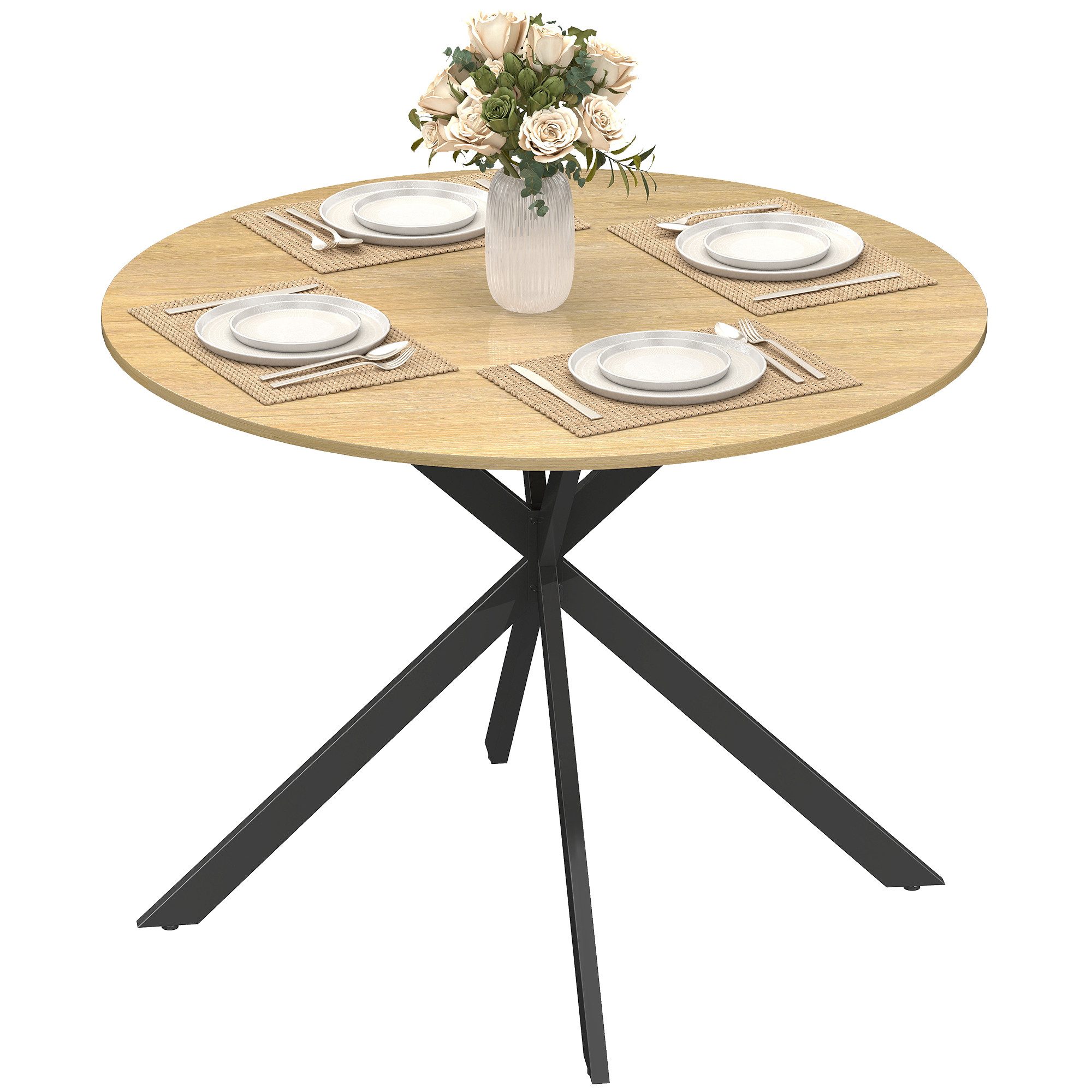 HOMCOM Esstisch Küchentisch im Industriestil mit Stahlbeinen für 4 Personen (für Esszimmer, Küche, Wohnzimmer, 1-St., rund, 100 x 100 x 75 cm), Eiche