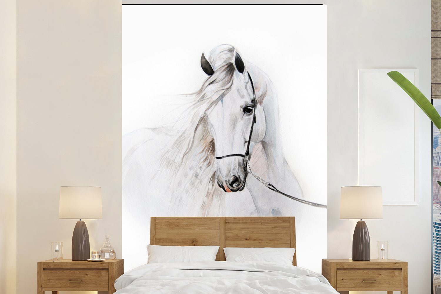 MuchoWow Fototapete Pferd - Aquarell - Tiere - Weiß, Matt, bedruckt, (3 St), Montagefertig Vinyl Tapete für Wohnzimmer, Wandtapete