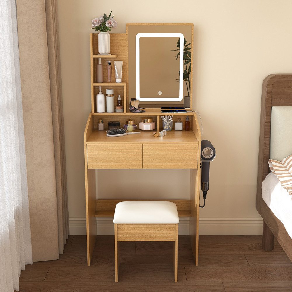 BBWL Schminktisch LED Spiegel kompakt mit Hocker Stromanschluss Fönhalter Stauraum Holz, Schminktisch modern für kleine Räume Schlafzimmer