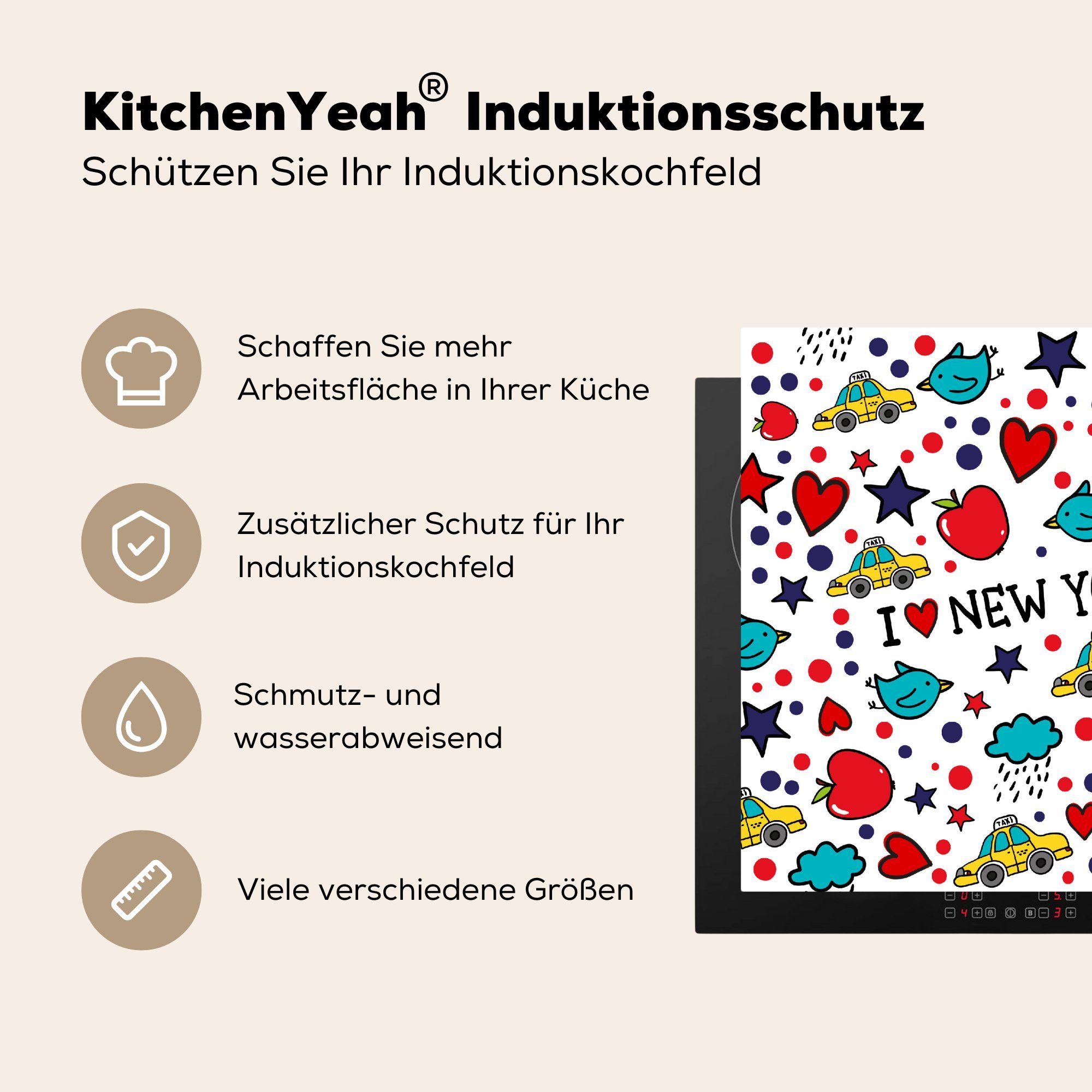 MuchoWow Rot, Vinyl, tlg), küche Arbeitsplatte New Herdblende-/Abdeckplatte für cm, (1 Ceranfeldabdeckung, Zeichnung - - York 78x78