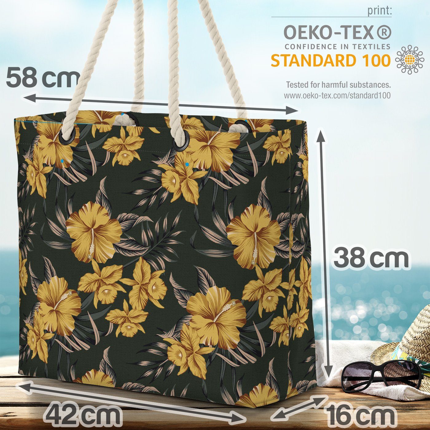 Urlaub VOID Hibiskus (1-tlg), Tropen-Wald Bag Strandtasche Tropenblüten Beach Palmen-Blätter Vintage