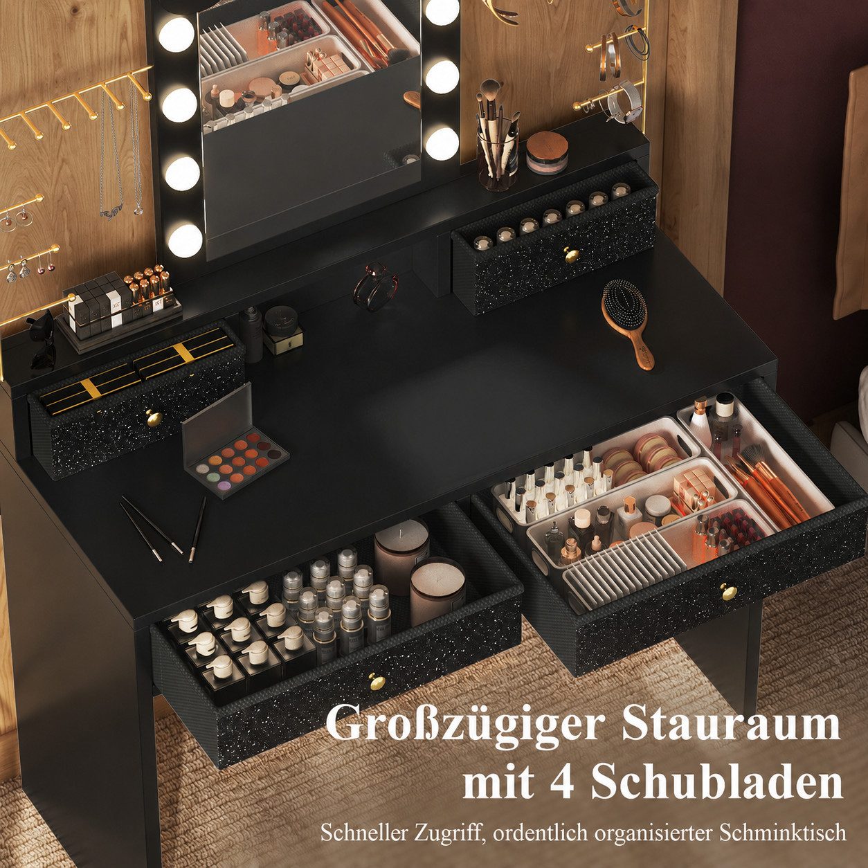 Patbrela Schminktisch mit beleuchtetem Spiegel, mit 3 Lichtmodi für Schlafzimmer, Seitliche Schmuckaufbewahrung