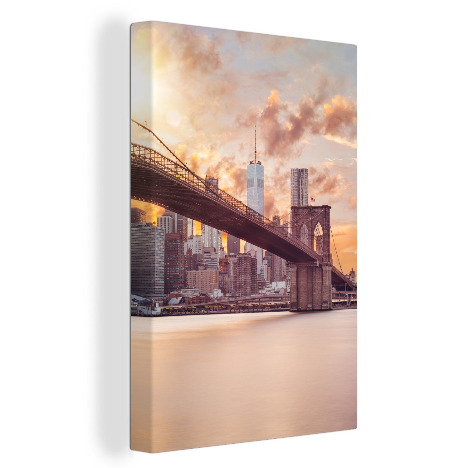 OneMillionCanvasses® Leinwandbild Brooklyn Bridge und die New Yorker Skyline bei Sonnenuntergang, (1 St), Leinwandbild fertig bespannt inkl. Zackenaufhänger, Gemälde, 20x30 cm