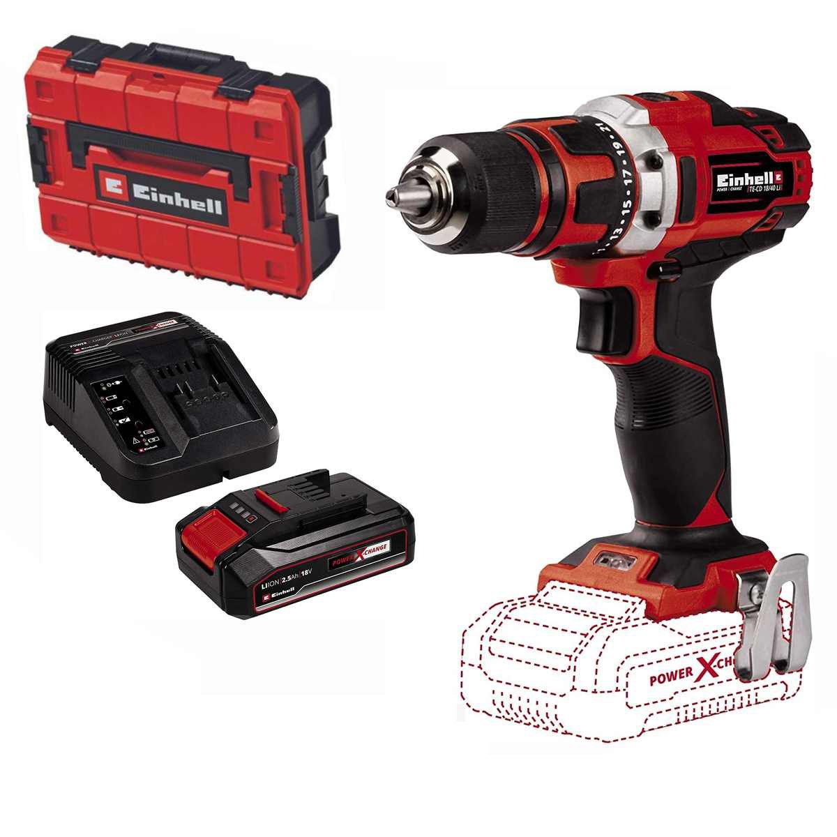 Einhell Akku-Bohrschrauber Bohrschrauber TE-CD 18/40 Li- 18 V mit Akku 2.5 Ah Ladeg. + Koffer SF