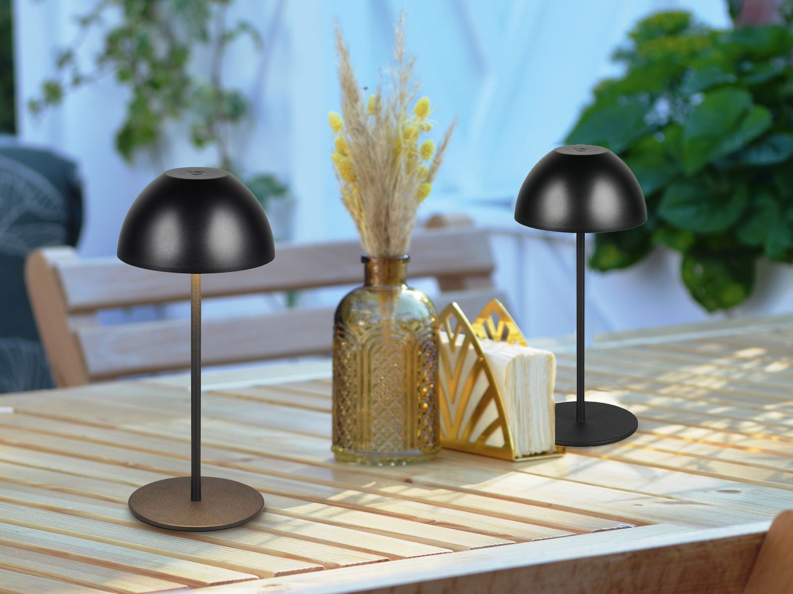 Reality Leuchten LED Außen-Tischleuchte, dimmbar, LED fest integriert, Warmweiß, 2er SET Outdoor USB Pilz-Lampen Schwarz, kabellos mit Akku, 20cm klein