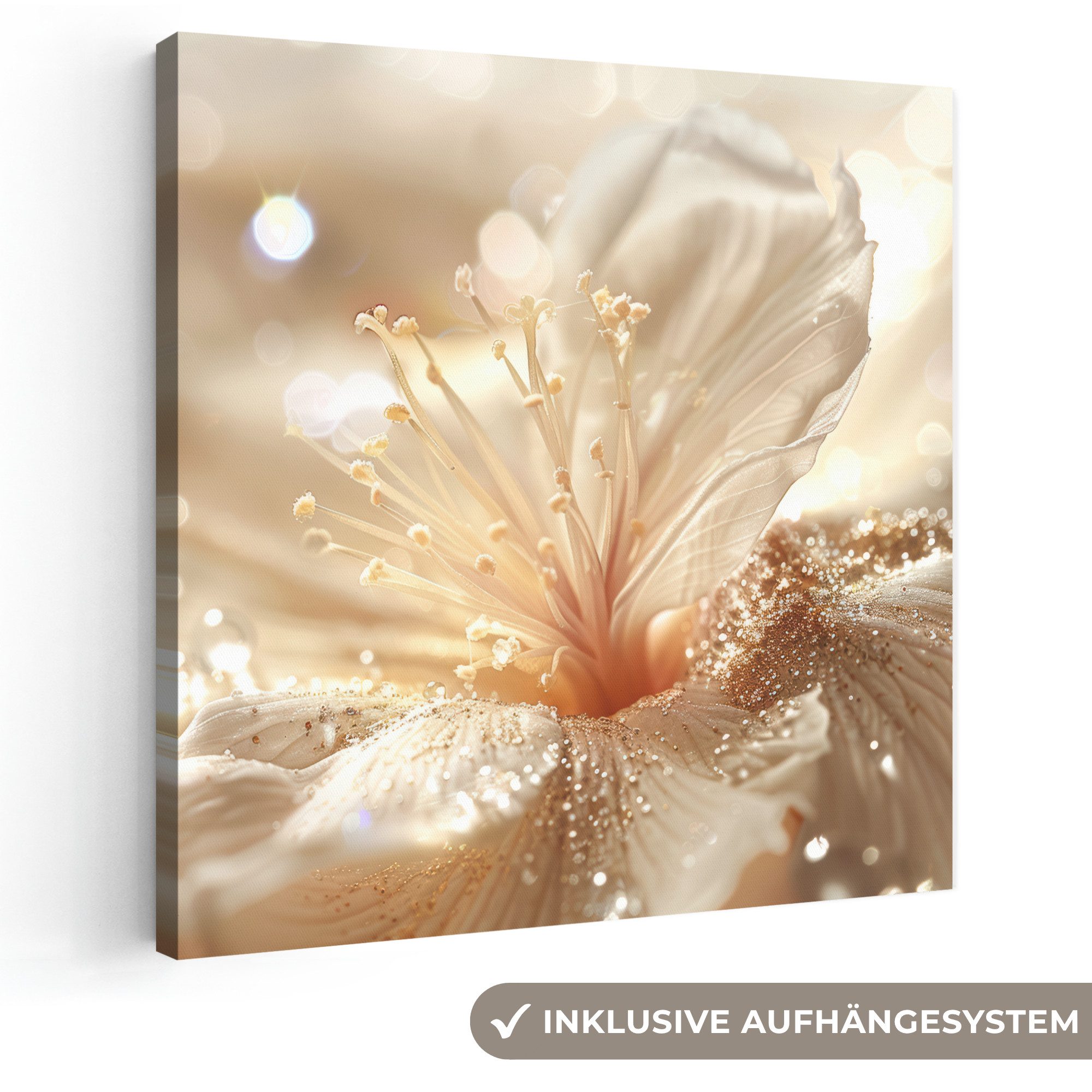 OneMillionCanvasses® Leinwandbild Blume - Weiß - Glitter - Gold - Modern, Fotodruck (1 St), Wandbild, Deko Schlafzimmer Wohnzimmer Flur 20x20 cm