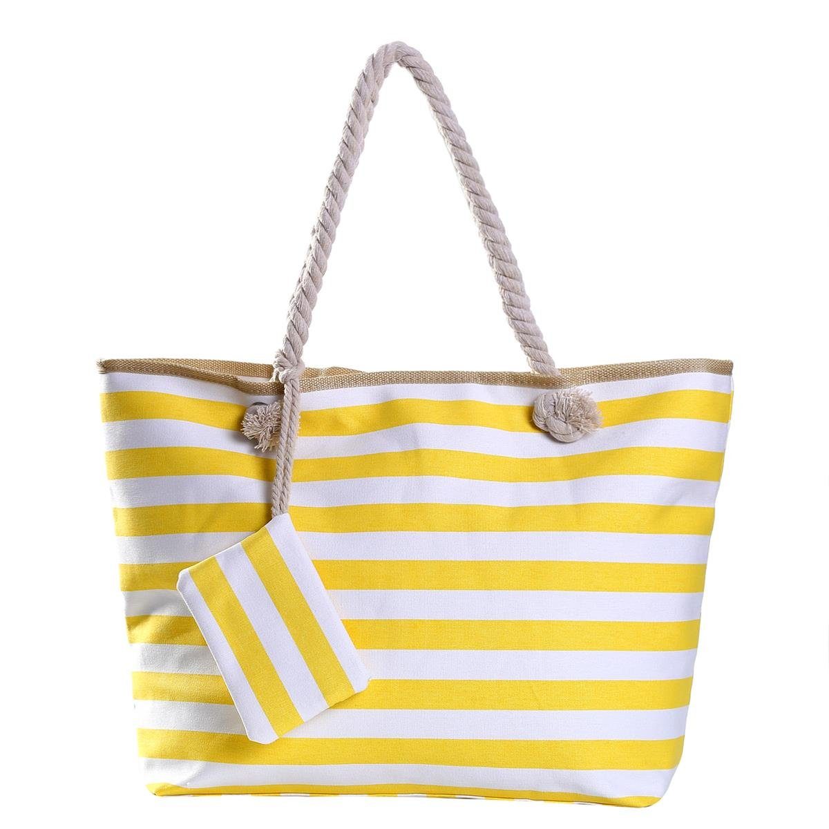 wasserabweisende gelb-weiß inkl. gestreift mit Große Strandtasche, Shopper Strandtasche kleinem DonDon Tasche Beutel (2-tlg), 2 Reißverschluss,