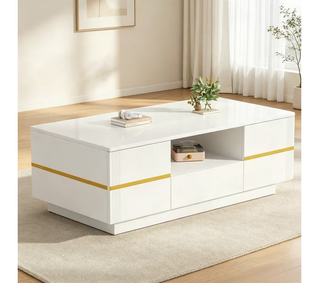 Merax Couchtisch mit LED-Beleuchtung, hochglänzend Beistelltisch mit goldenen Akzenten (1-St., Sofatisch 100x50x35,5 cm), Wohnzimmertisch …