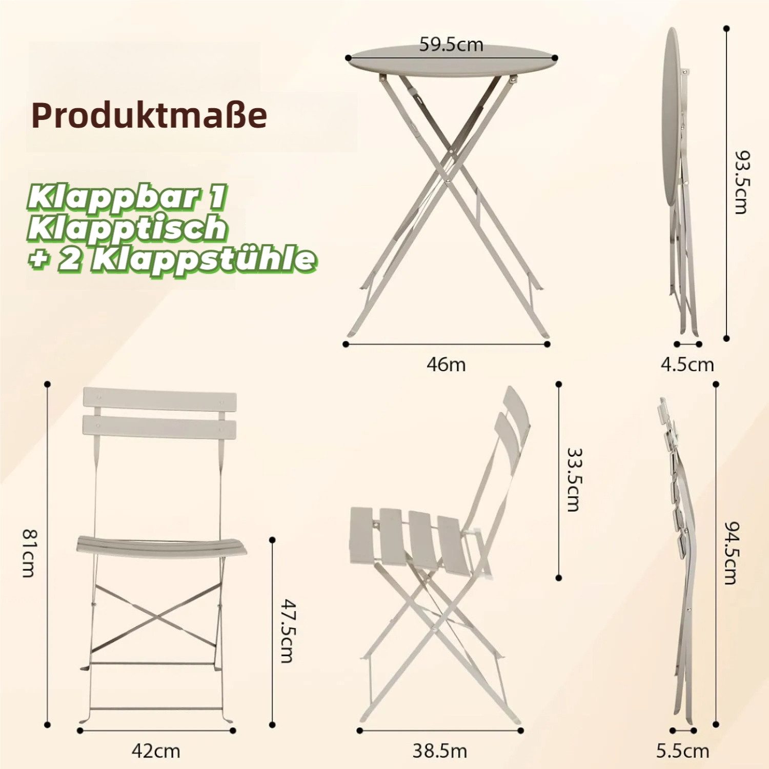 TLGREEN Balkonset Gartenmöbel Bistro Set Metall, (UV-Beständig & Rostfrei, Wetterfest, Balkonmöbel Klappbar für Balkon, Terrasse, Café, Garten), Outdoor Sitzgarnitur, 2 Klappstuhl 1 Klapptisch