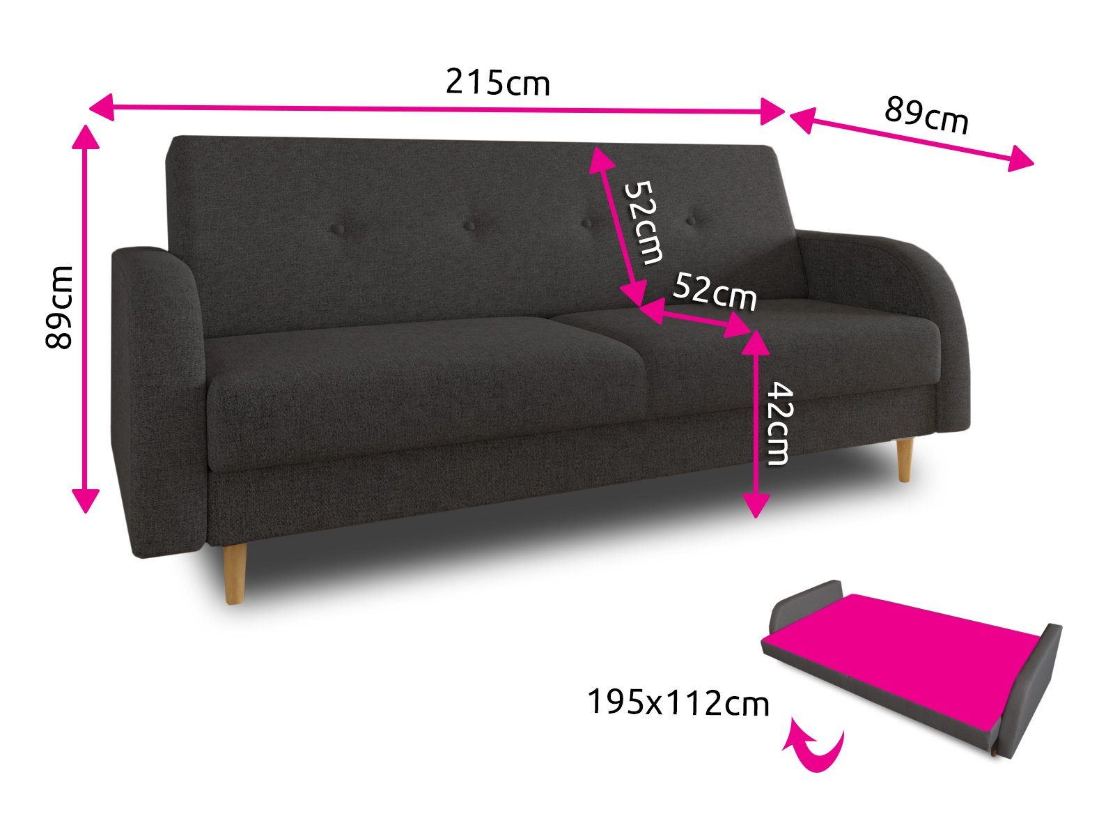 Sofnet Schlafsofa Kelso, mit Schlaffunktion und Bettkasten, Bettsofa mit Holzfüße und Wellenfeder