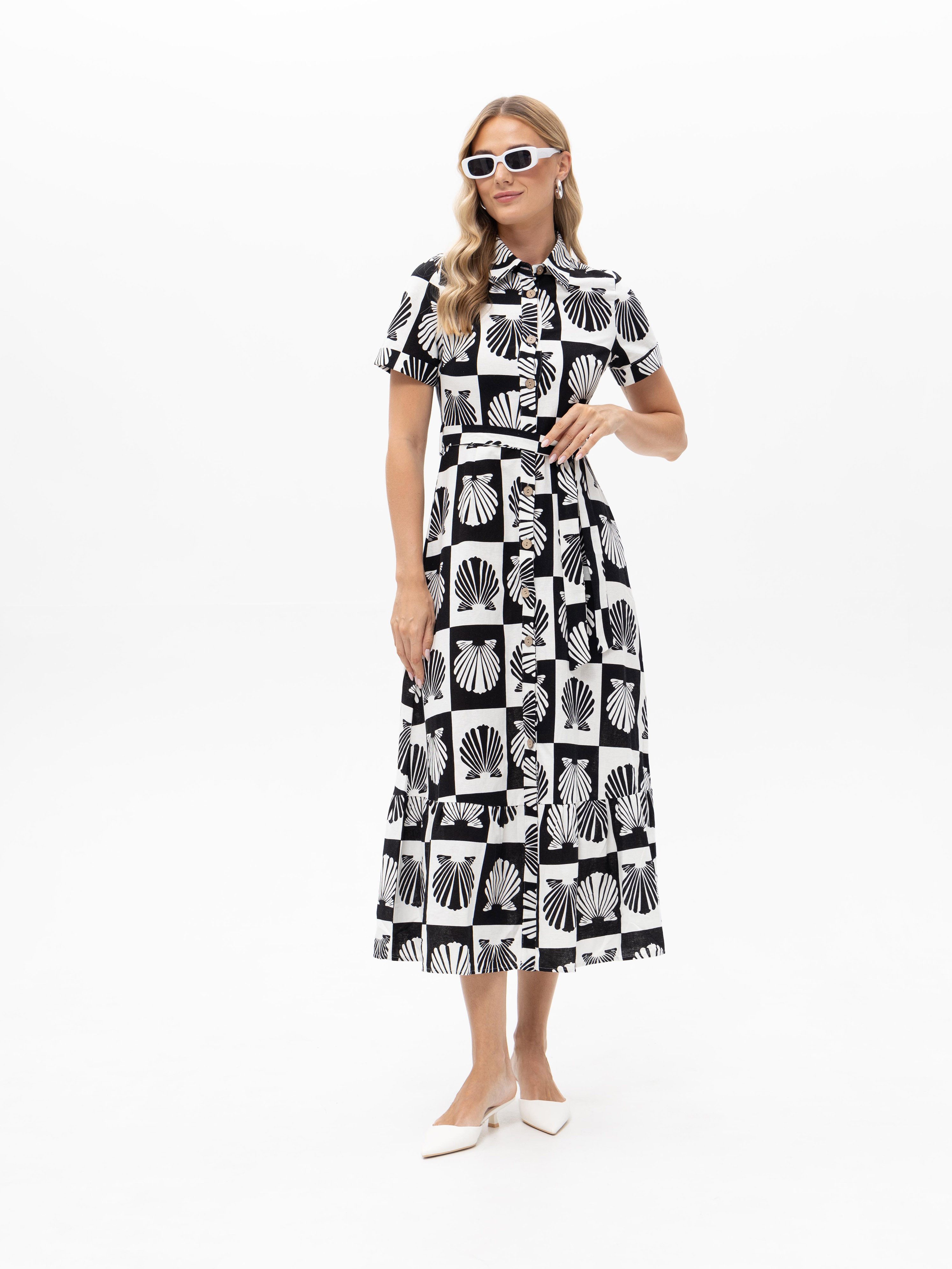 Passioni Hemdblusenkleid Maxikleid mit Muscheldesign Luftiges Sommerkleid in Schwarz- Weiß